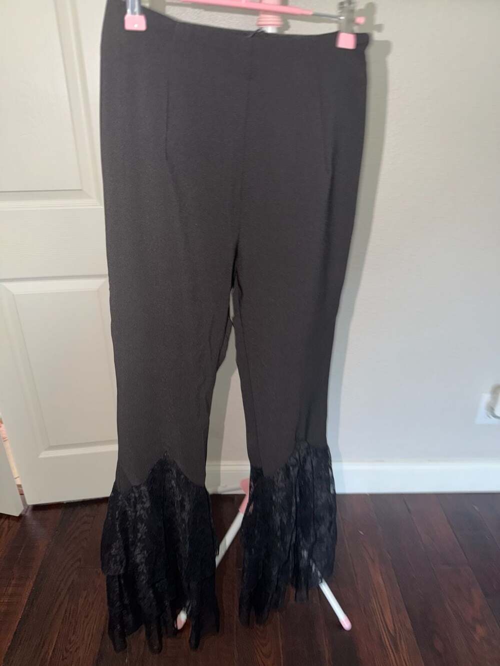 Akira Black High-Waisted Lace-Trimmed Flare Pants with Grommet Lace-Up Detail